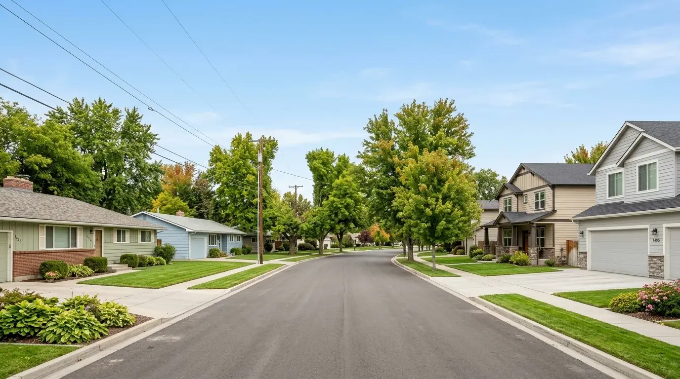 Residential street in Nampa, Idaho where Boise Gutter Guards installs and services seamless aluminum gutters