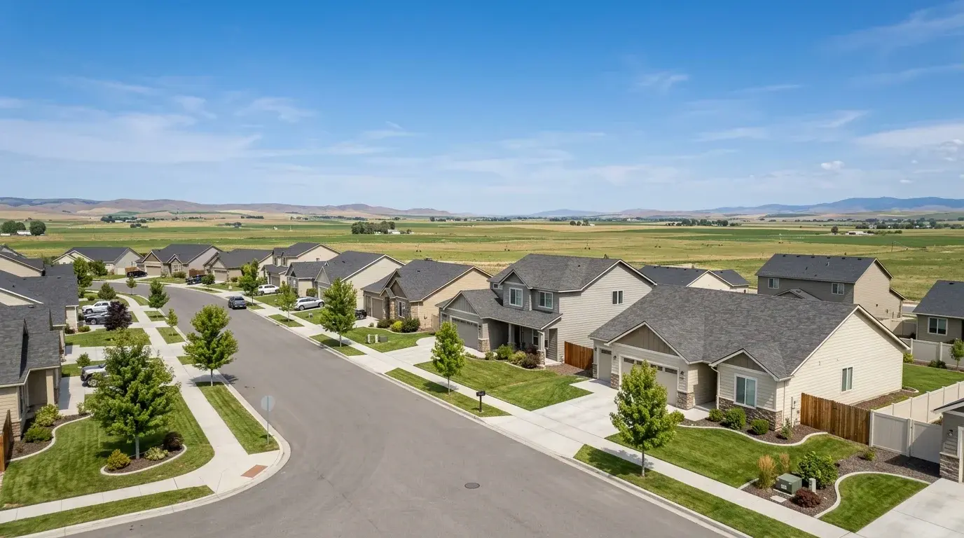 Residential street in Kuna, Idaho where Boise Gutter Guards installs and services seamless aluminum gutters